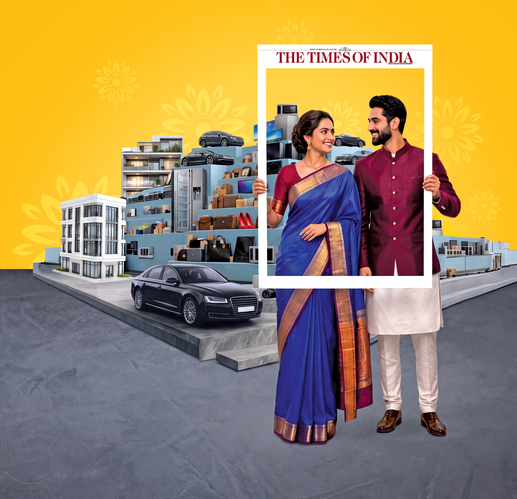 Times JOSH festive campaign visual with shoppers, homes, cars and products